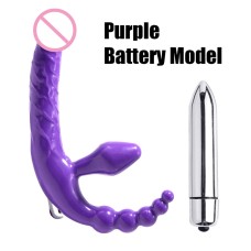 Strapless Strap-On Triple Penetration Vibrating Dong (Purple)
